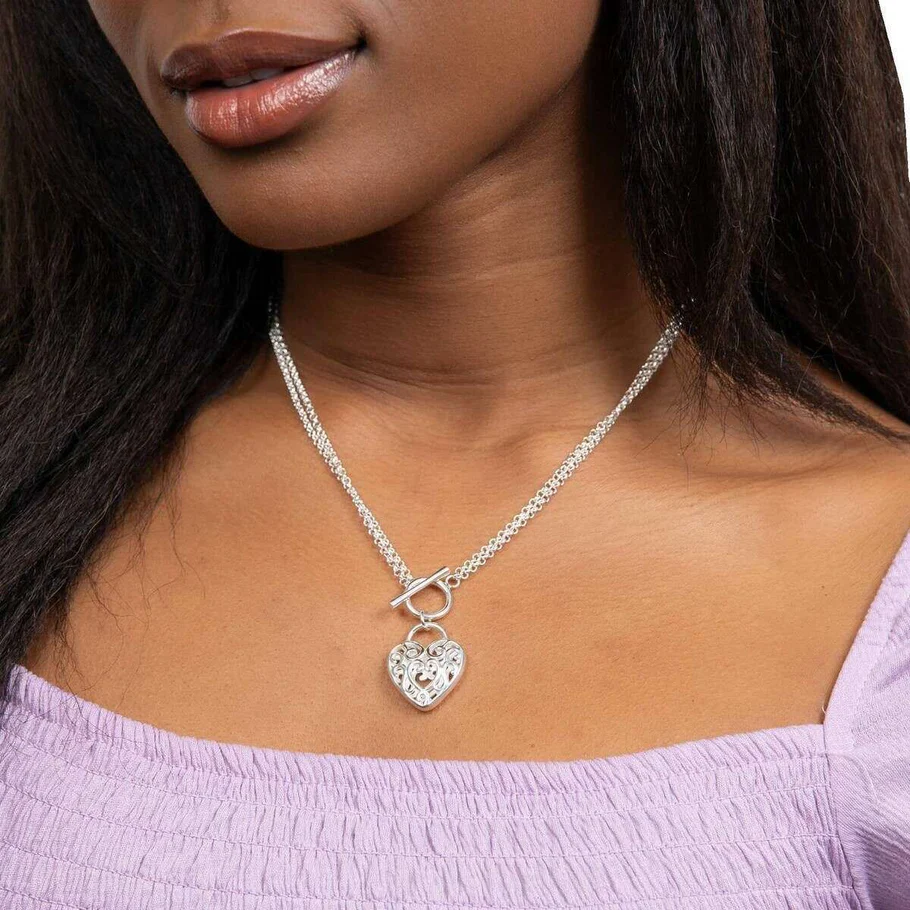 Large Filigree Heart Double Chain T-Bar Necklace