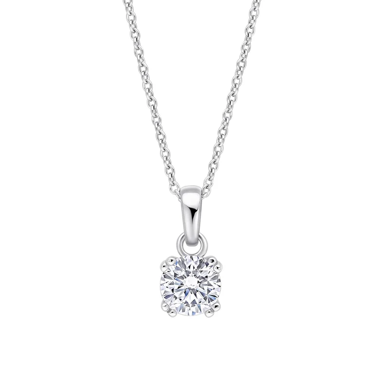 A round solitaire pendant held by double claw prongs on a fine metal chain.