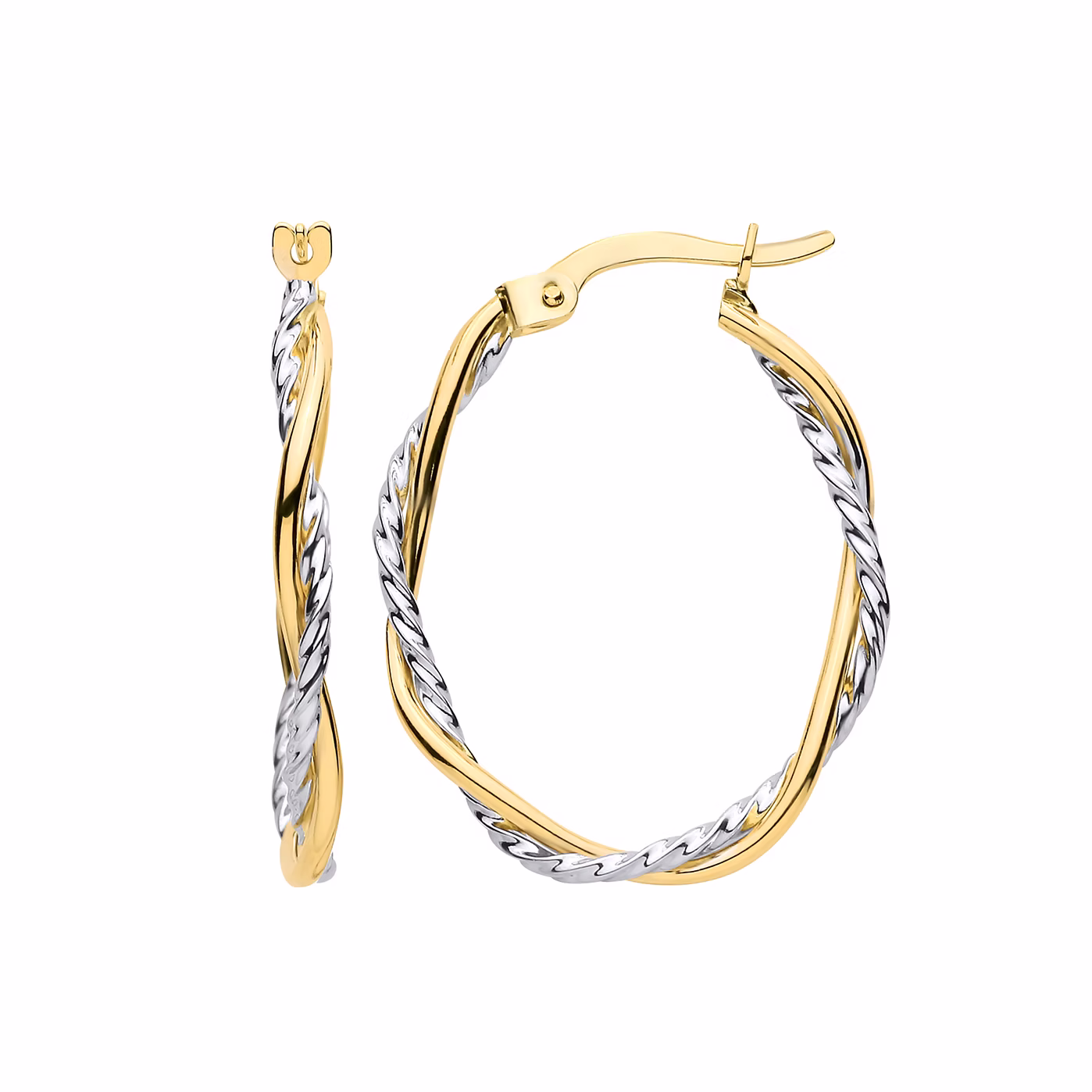 9ct yellow gold oval twist hoop with rhodium plating 21mm