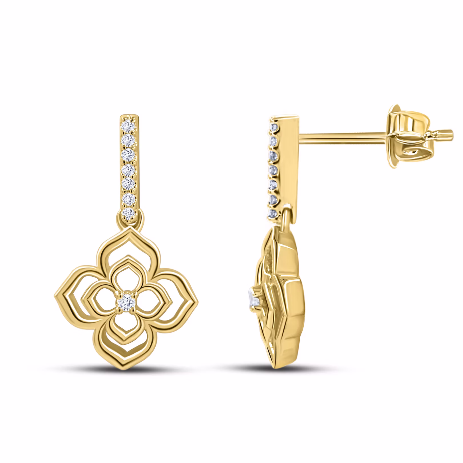 9ct Yellow Gold Flower Diamond drop earrings 0.07ct