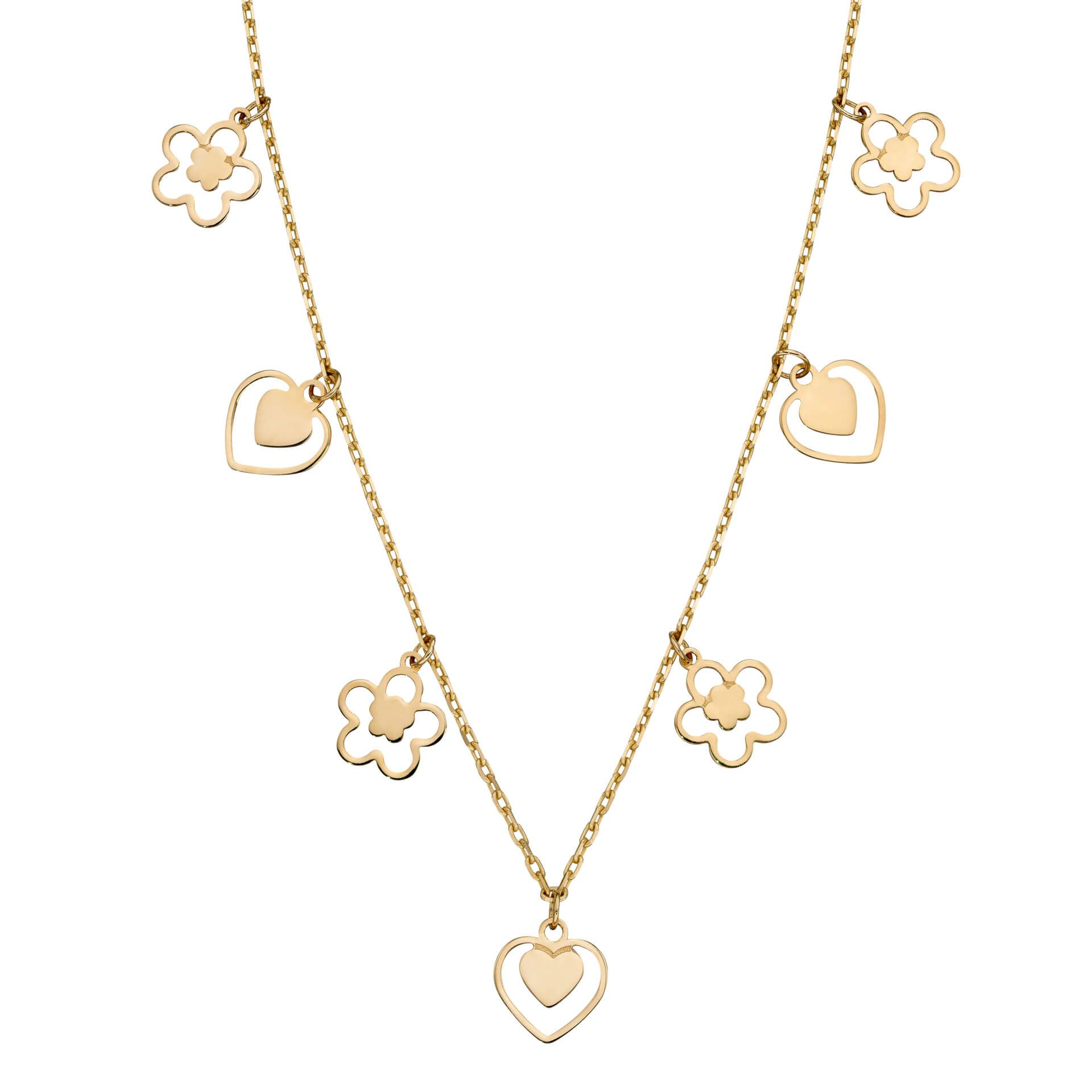 Heart And Flower Charm Necklace In Yellow Gold (GN363)