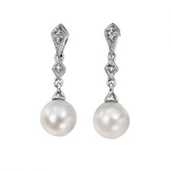 9ct White Gold Fresh Water Pearl and Diamonds Drop Earrings